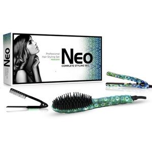 NEO 3pc Ionic Heated Brush Straightener, Ceramic Flat Iron & Easy Hair Comb Set